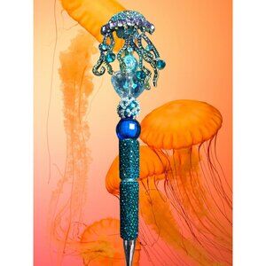 Handcrafted Jellyfish-Themed Rhinestone Pen With Blue Crystal Accents & Heart De